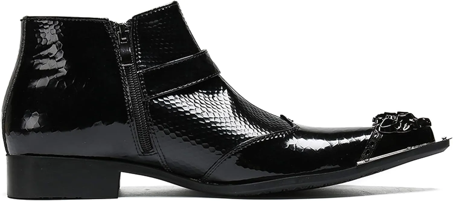 Santimon Mens Boots Patent Leather,Chelsea Boots Zipper on Side,Metal Tip Dress Boots for Men