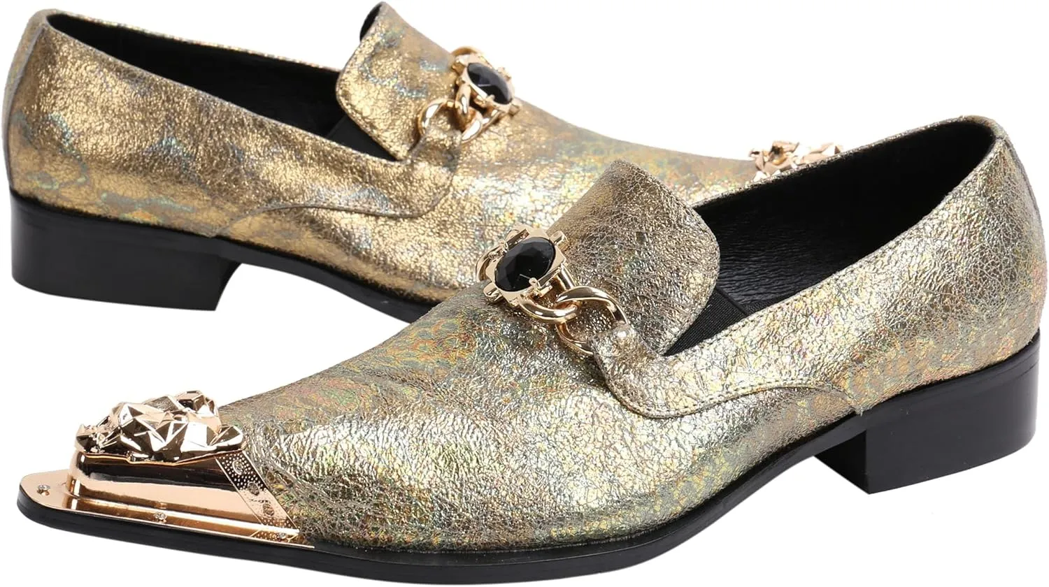 Santimon Mens Loafers Pointed Toe Leather Fashion Buckle Rhinestone Metal Tip Western Dress Shoes