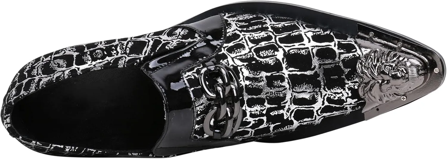 Santimon Mens Loafers Pointed Toe Leather Fashion Buckle Rhinestone Metal Tip Western Dress Shoes