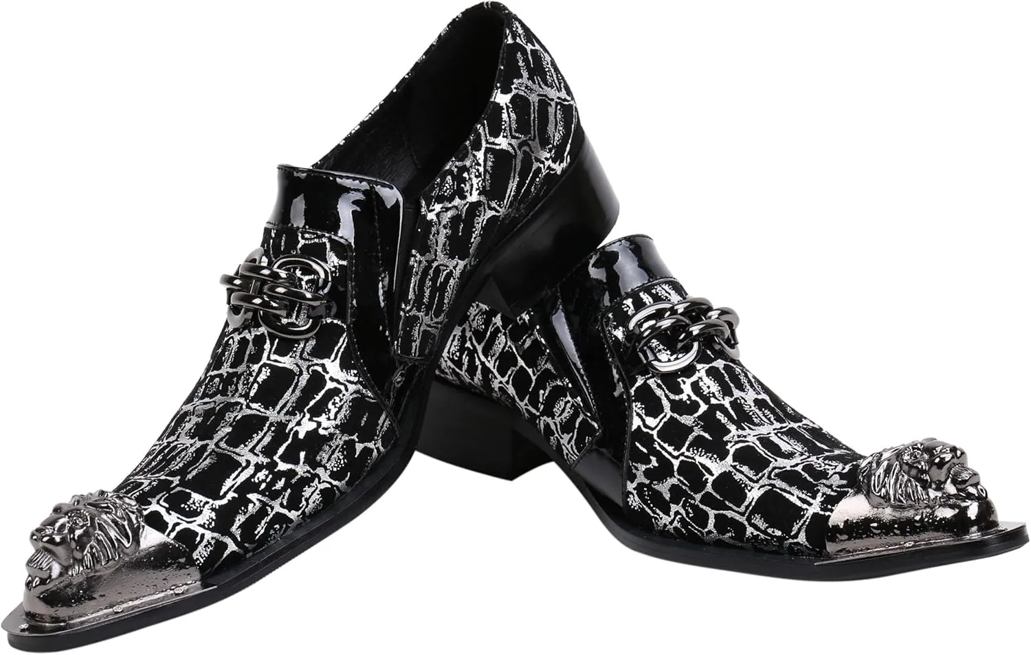 Santimon Mens Loafers Pointed Toe Leather Fashion Buckle Rhinestone Metal Tip Western Dress Shoes