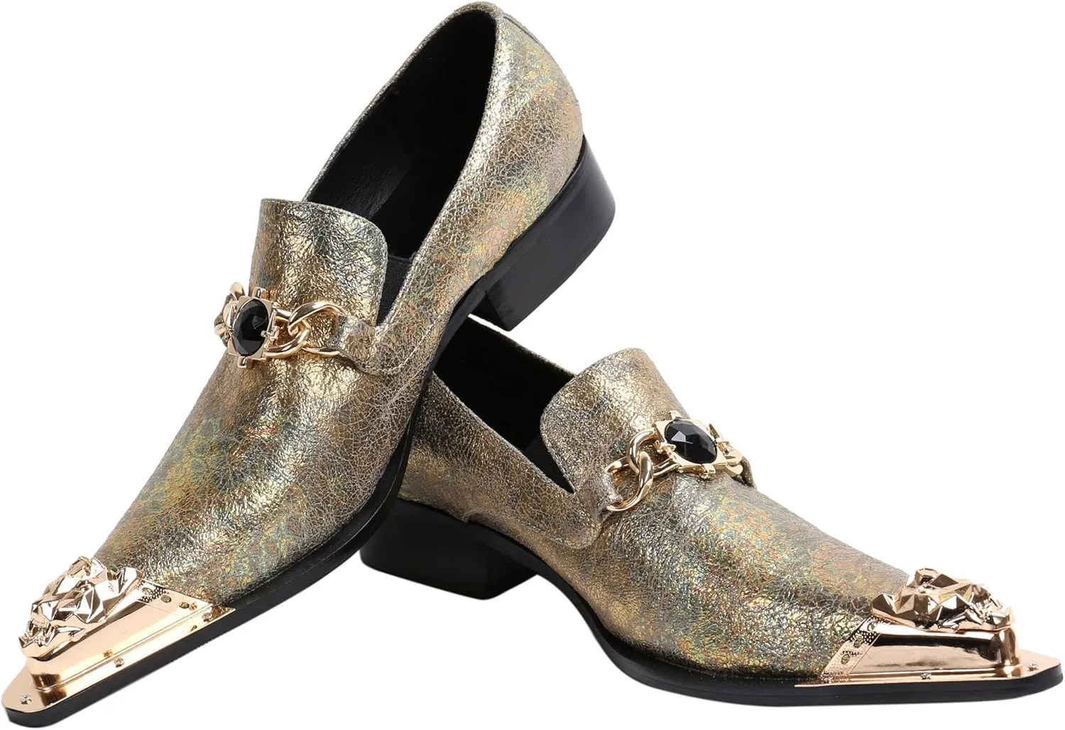 Santimon Mens Loafers Pointed Toe Leather Fashion Buckle Rhinestone Metal Tip Western Dress Shoes