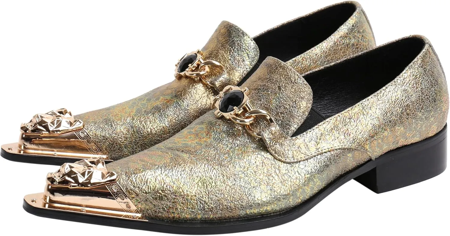 Santimon Mens Loafers Pointed Toe Leather Fashion Buckle Rhinestone Metal Tip Western Dress Shoes