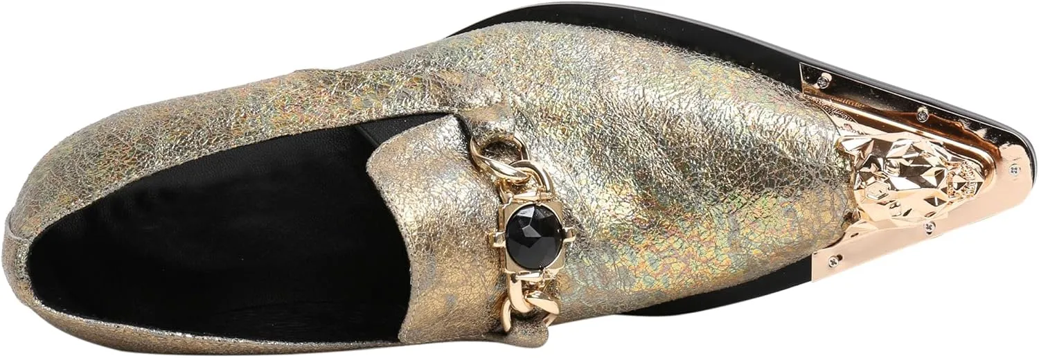 Santimon Mens Loafers Pointed Toe Leather Fashion Buckle Rhinestone Metal Tip Western Dress Shoes