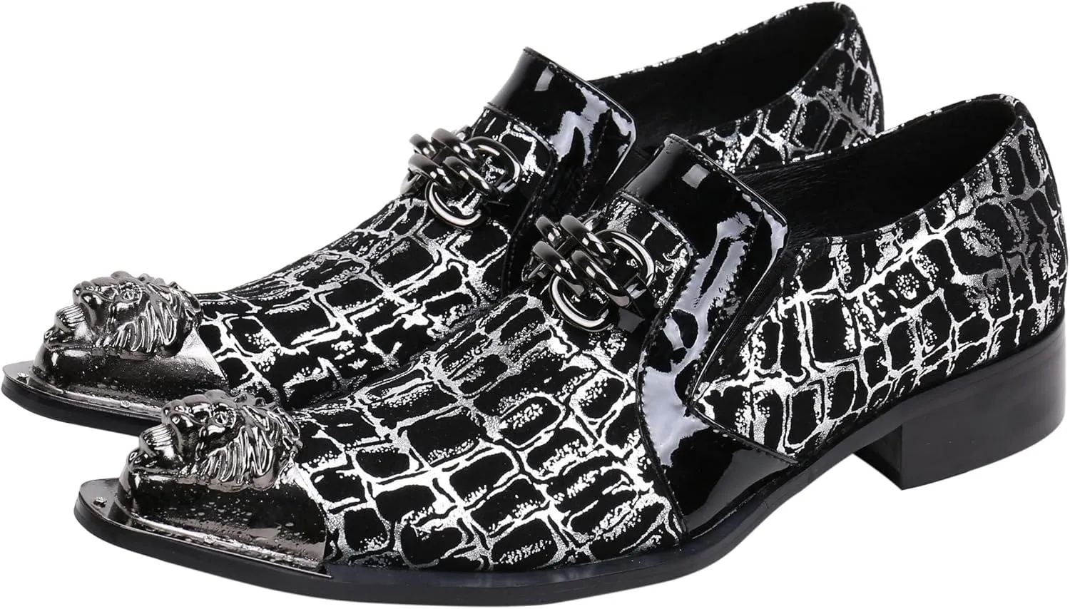 Santimon Mens Loafers Pointed Toe Leather Fashion Buckle Rhinestone Metal Tip Western Dress Shoes