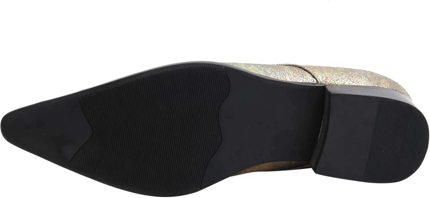 Santimon Mens Loafers Pointed Toe Leather Fashion Buckle Rhinestone Metal Tip Western Dress Shoes