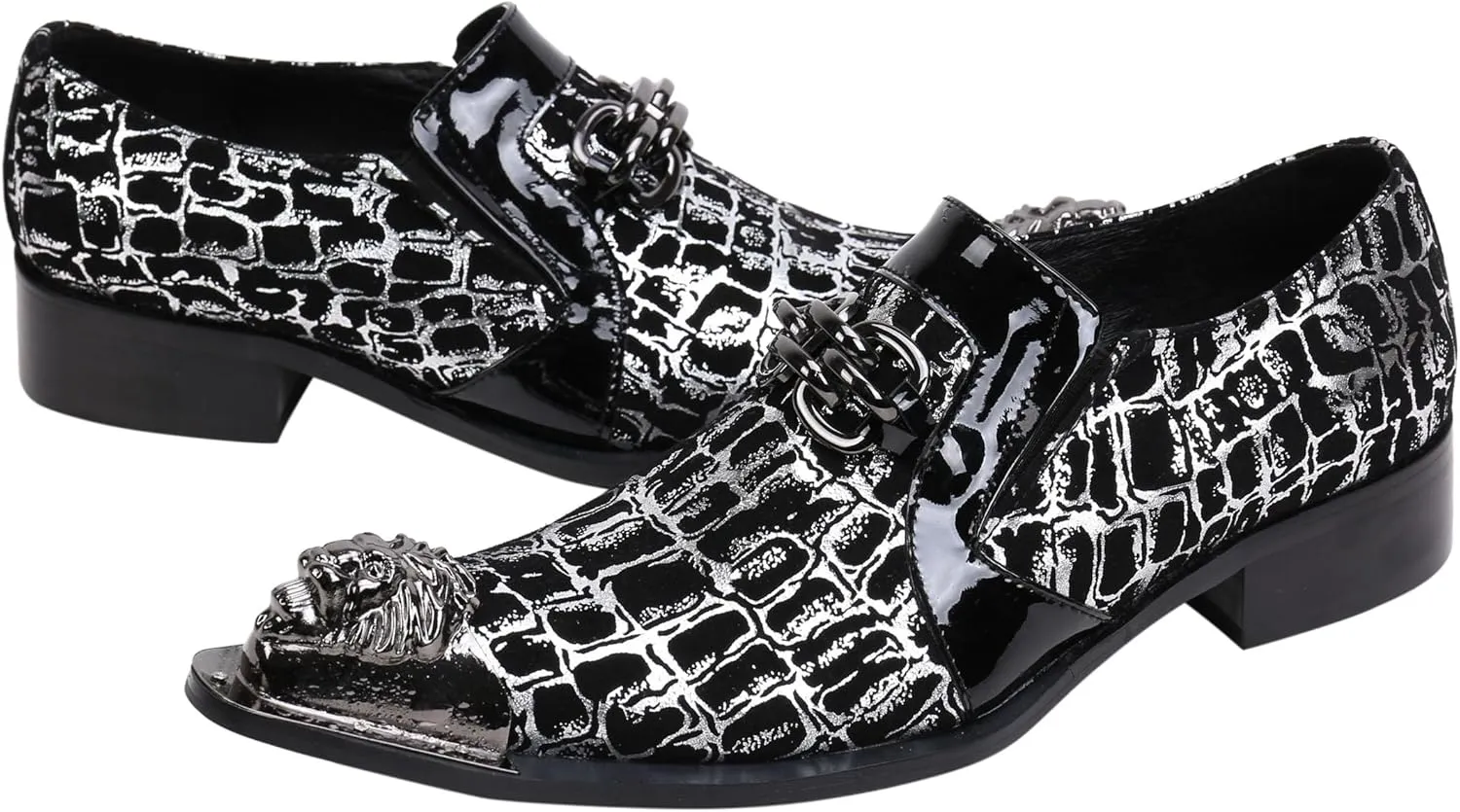 Santimon Mens Loafers Pointed Toe Leather Fashion Buckle Rhinestone Metal Tip Western Dress Shoes