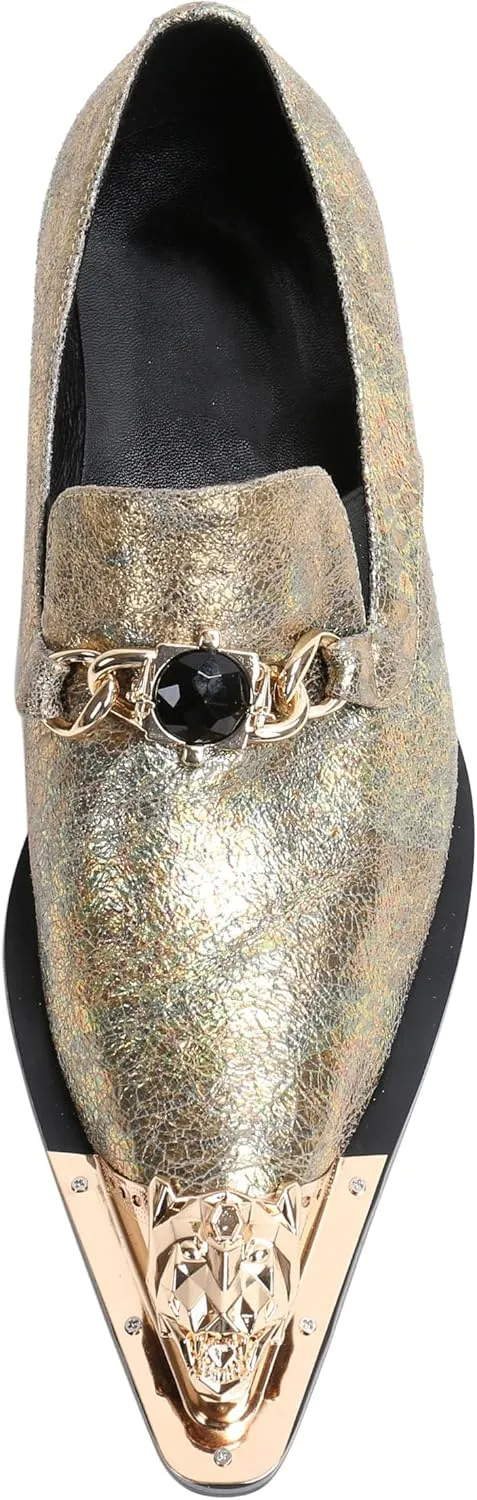Santimon Mens Loafers Pointed Toe Leather Fashion Buckle Rhinestone Metal Tip Western Dress Shoes