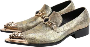Santimon Mens Loafers Pointed Toe Leather Fashion Buckle Rhinestone Metal Tip Western Dress Shoes