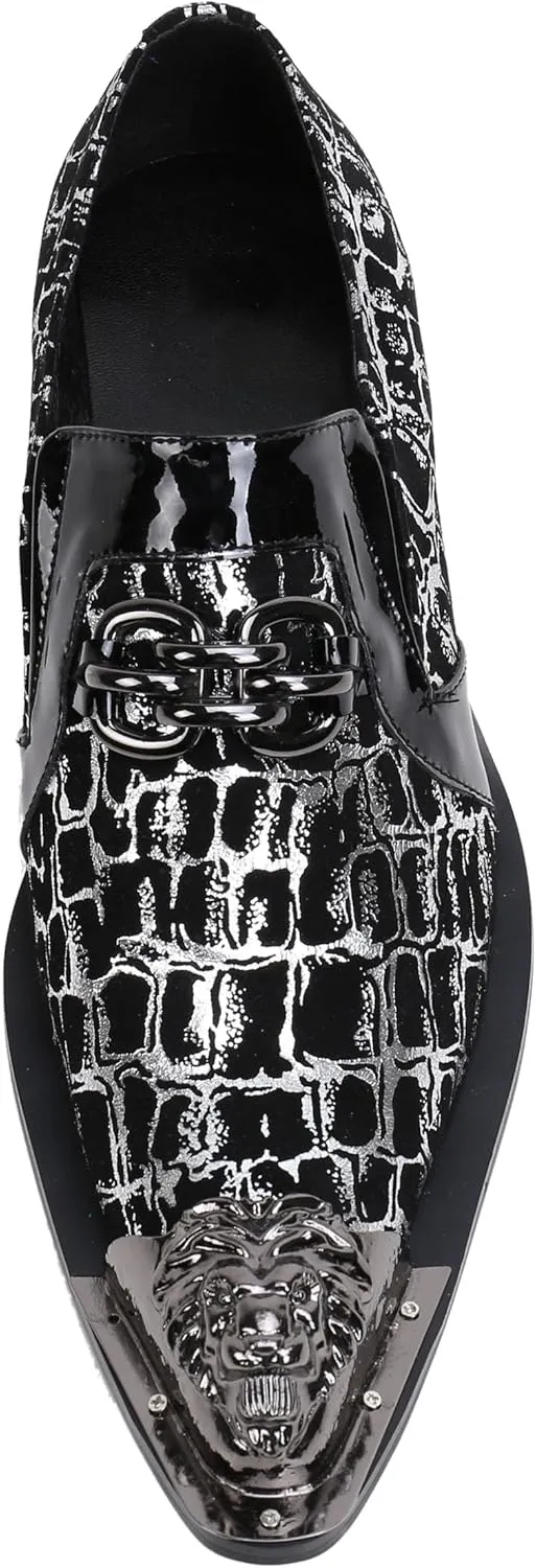 Santimon Mens Loafers Pointed Toe Leather Fashion Buckle Rhinestone Metal Tip Western Dress Shoes
