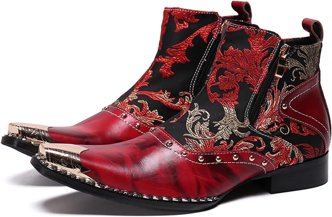 Santimon Mens Western Boots Leather,Stylish Zipper Dress Chelsea Boots,Metal Tip Boots for Men