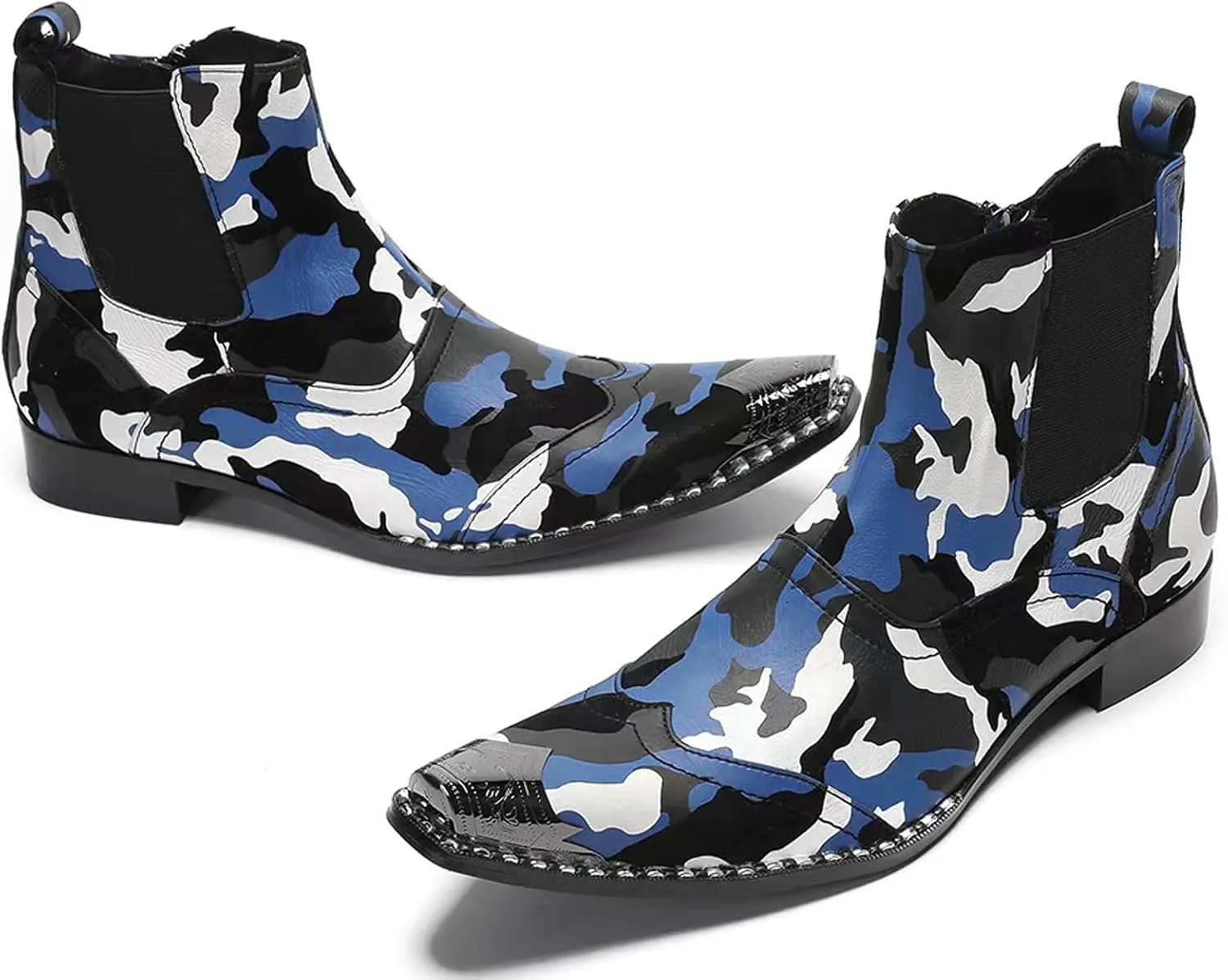 Santimon Mens Western Boots Leather,Stylish Zipper Dress Chelsea Boots,Metal Tip Boots for Men