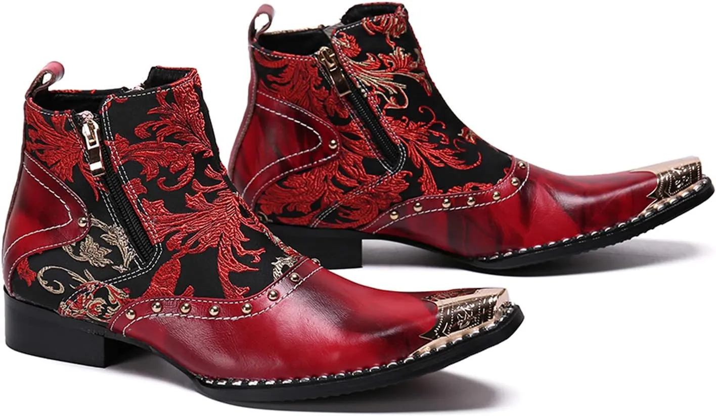 Santimon Mens Western Boots Leather,Stylish Zipper Dress Chelsea Boots,Metal Tip Boots for Men