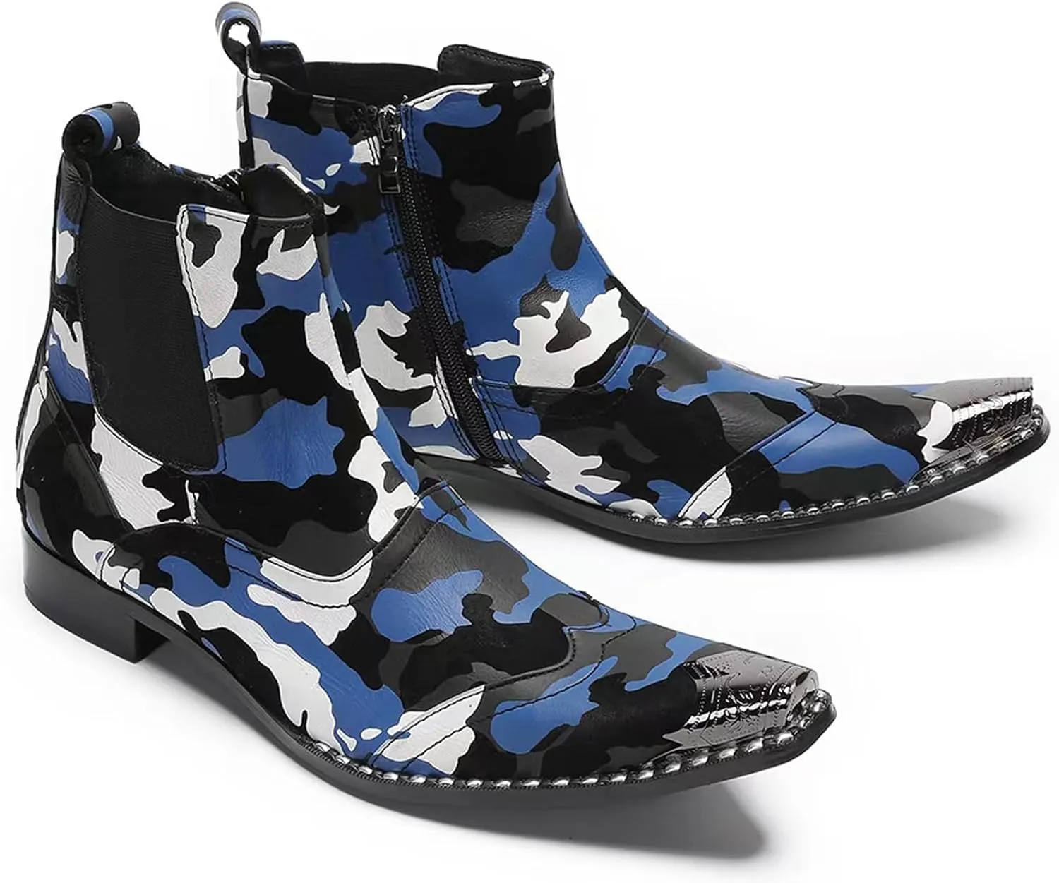 Santimon Mens Western Boots Leather,Stylish Zipper Dress Chelsea Boots,Metal Tip Boots for Men