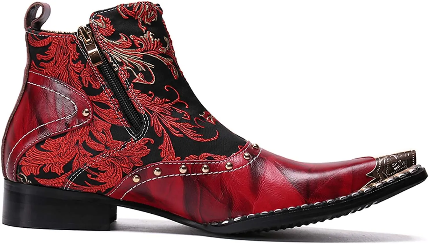 Santimon Mens Western Boots Leather,Stylish Zipper Dress Chelsea Boots,Metal Tip Boots for Men