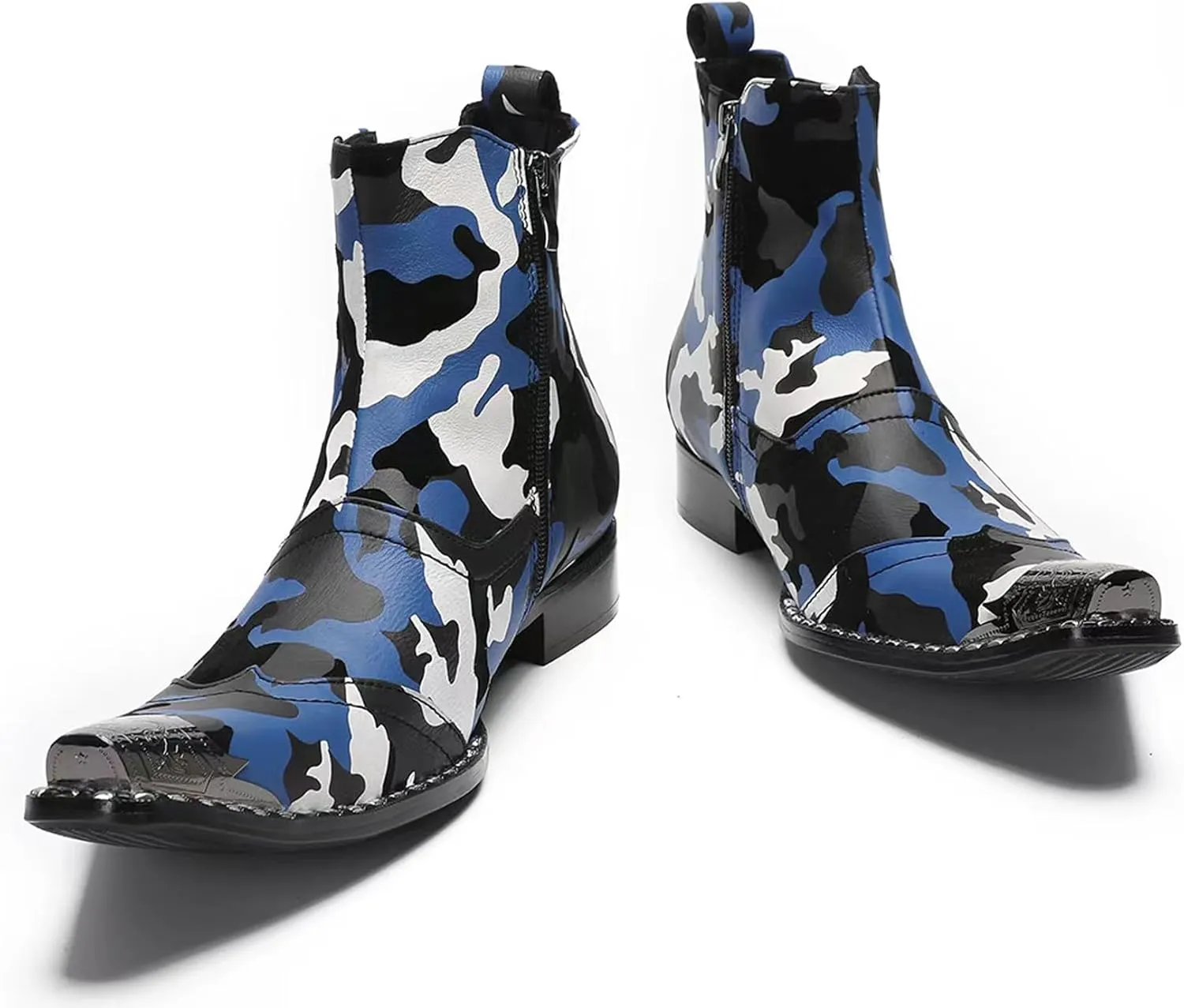 Santimon Mens Western Boots Leather,Stylish Zipper Dress Chelsea Boots,Metal Tip Boots for Men