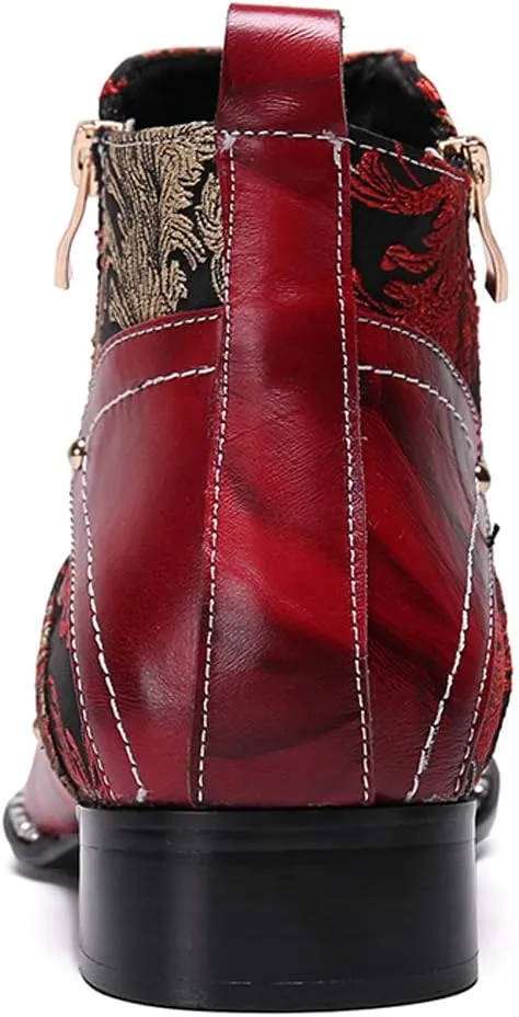 Santimon Mens Western Boots Leather,Stylish Zipper Dress Chelsea Boots,Metal Tip Boots for Men