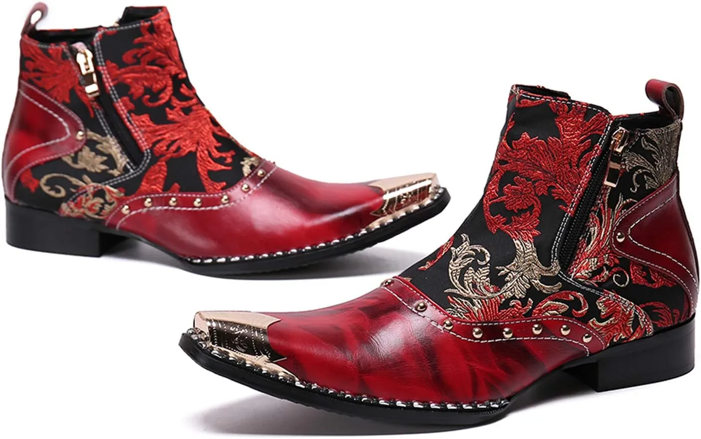 Santimon Mens Western Boots Leather,Stylish Zipper Dress Chelsea Boots,Metal Tip Boots for Men