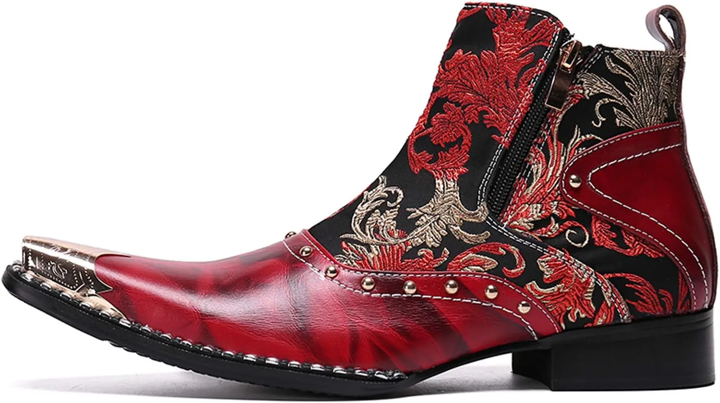 Santimon Mens Western Boots Leather,Stylish Zipper Dress Chelsea Boots,Metal Tip Boots for Men