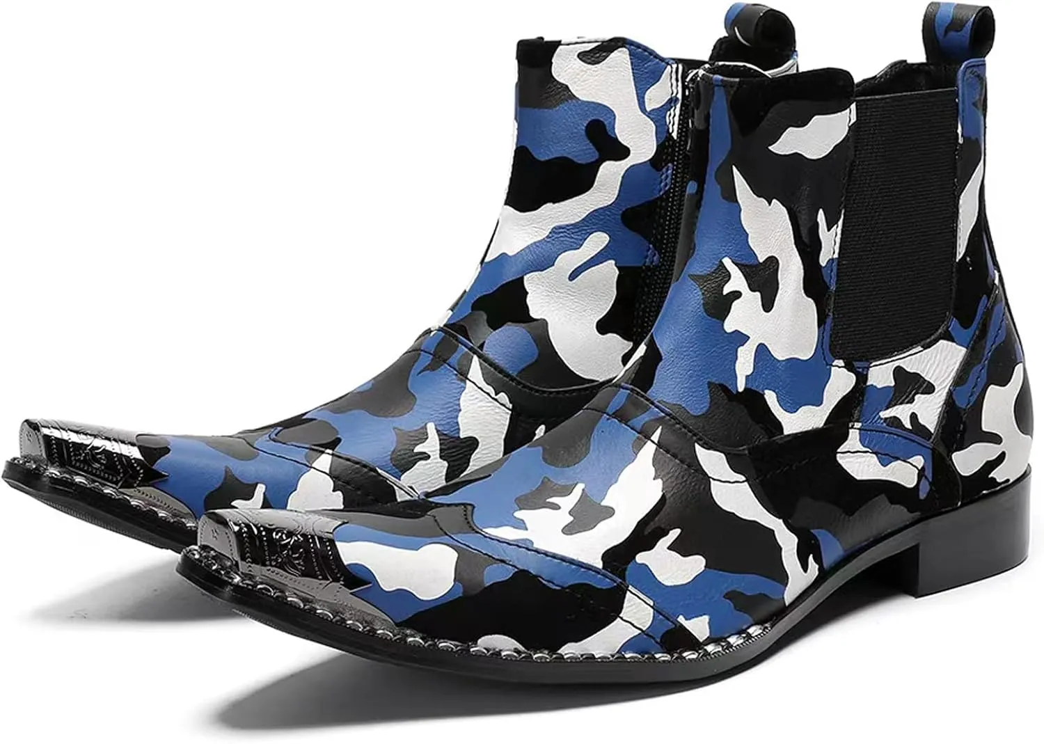 Santimon Mens Western Boots Leather,Stylish Zipper Dress Chelsea Boots,Metal Tip Boots for Men