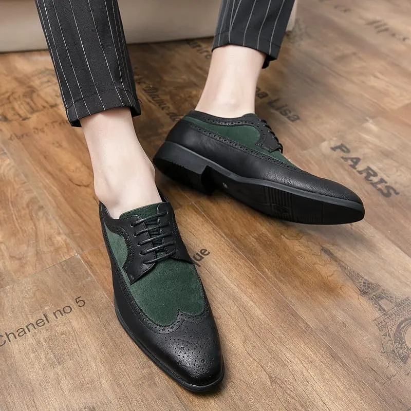 Santimon Mens Wingtip Two Tone Oxfords Perforated Duo-Texture Lace-up Brogues Patchwork Color Matching Punched Wedding Shoes