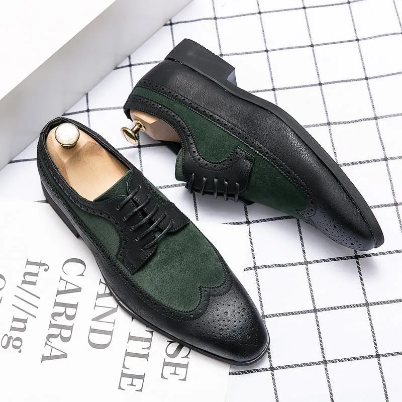 Santimon Mens Wingtip Two Tone Oxfords Perforated Duo-Texture Lace-up Brogues Patchwork Color Matching Punched Wedding Shoes
