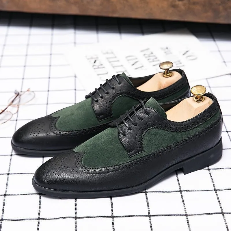 Santimon Mens Wingtip Two Tone Oxfords Perforated Duo-Texture Lace-up Brogues Patchwork Color Matching Punched Wedding Shoes