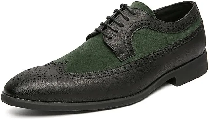 Santimon Mens Wingtip Two Tone Oxfords Perforated Duo-Texture Lace-up Brogues Patchwork Color Matching Punched Wedding Shoes