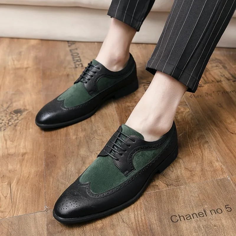 Santimon Mens Wingtip Two Tone Oxfords Perforated Duo-Texture Lace-up Brogues Patchwork Color Matching Punched Wedding Shoes
