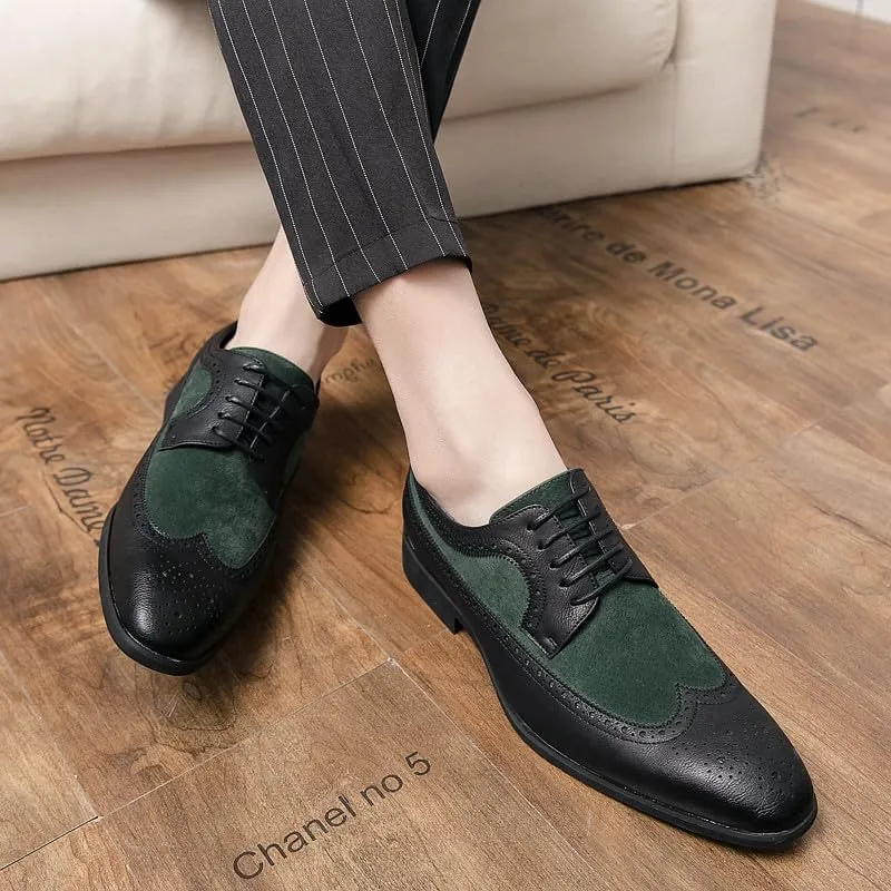 Santimon Mens Wingtip Two Tone Oxfords Perforated Duo-Texture Lace-up Brogues Patchwork Color Matching Punched Wedding Shoes