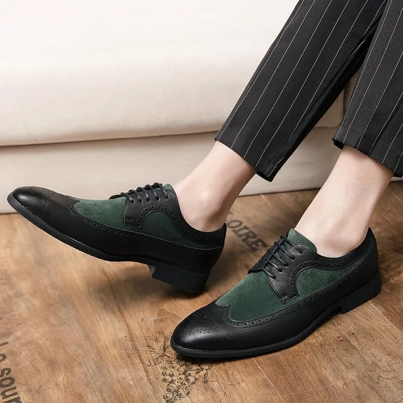 Santimon Mens Wingtip Two Tone Oxfords Perforated Duo-Texture Lace-up Brogues Patchwork Color Matching Punched Wedding Shoes