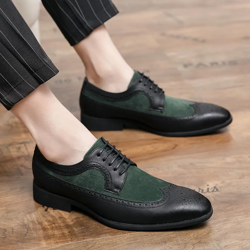 Santimon Mens Wingtip Two Tone Oxfords Perforated Duo-Texture Lace-up Brogues Patchwork Color Matching Punched Wedding Shoes