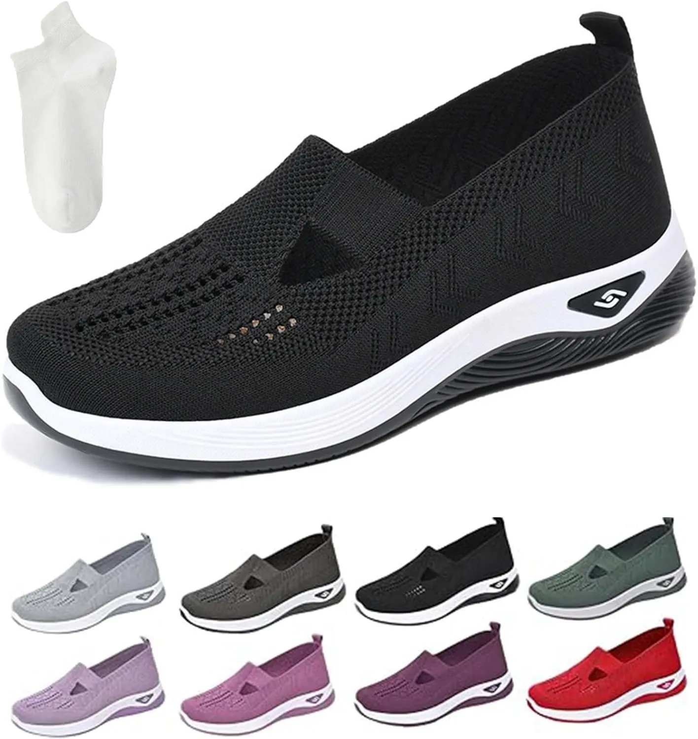 Selleren Orthopedic Shoes, Women's Comfortable Breathable Knitted Sneakers, Woven Cut-Out Orthopedic Soft Arch Support Walking Shoes, Slip-On Sneakers for Women