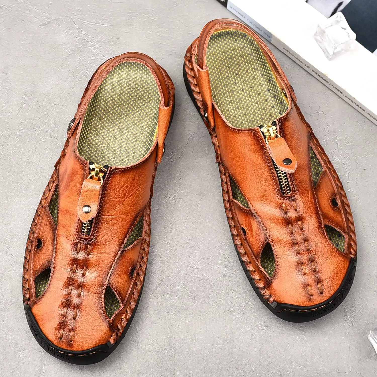 Shaire Men'S Sandals Outdoor Leather Closed Toe Beach Shoes