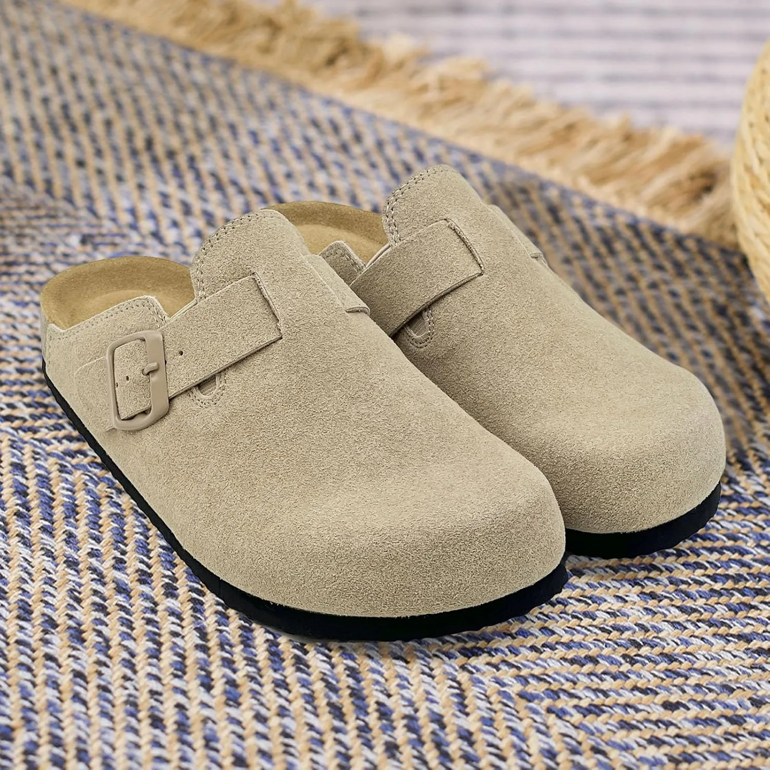 sharllen Women's Suede Clogs Leather Mules Arch Support Sandals Men's Potato Shoes Platform Boots Slippers for Women Comfort Cork Footbed Strap Adjustable Buckle