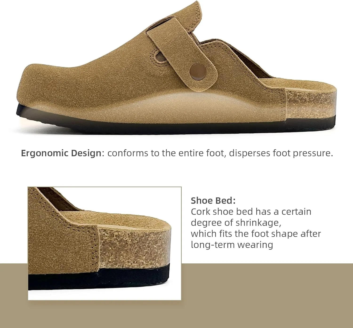 sharllen Women's Suede Clogs Leather Mules Arch Support Sandals Men's Potato Shoes Platform Boots Slippers for Women Comfort Cork Footbed Strap Adjustable Buckle