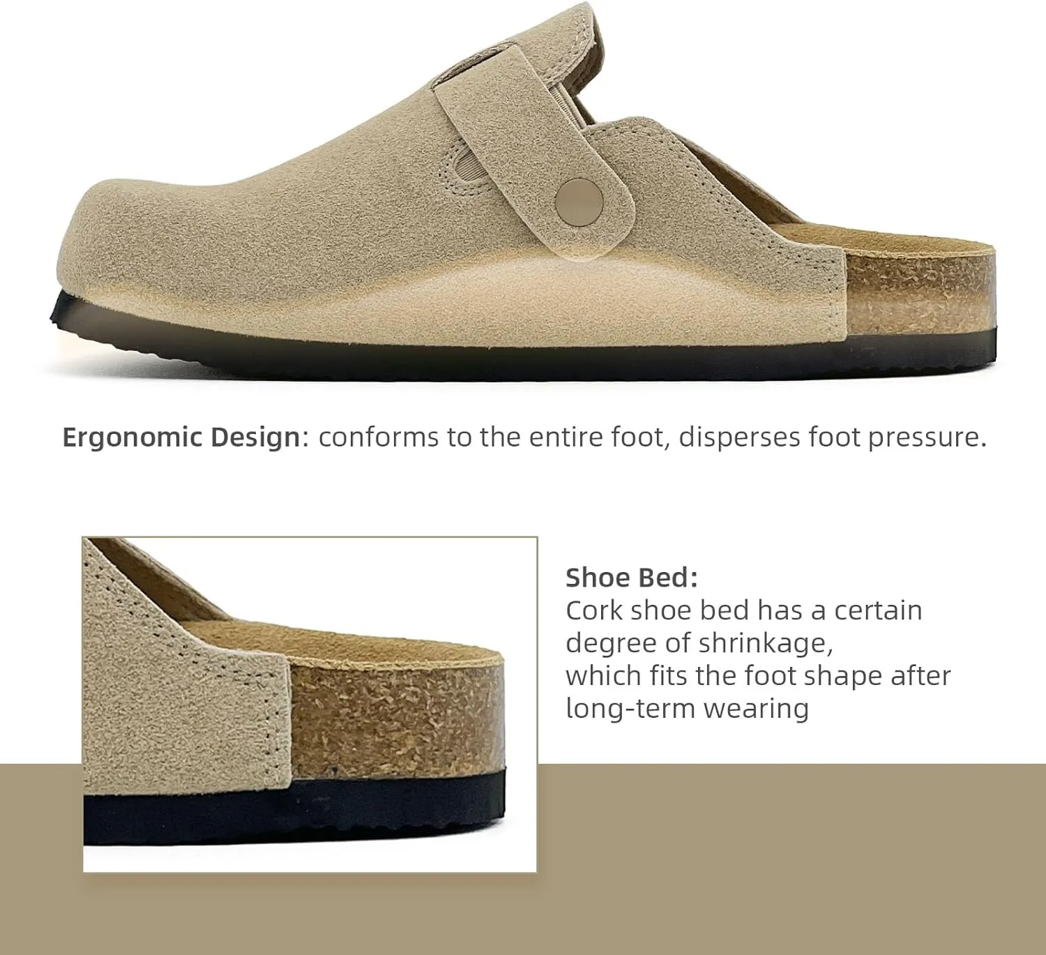sharllen Women's Suede Clogs Leather Mules Arch Support Sandals Men's Potato Shoes Platform Boots Slippers for Women Comfort Cork Footbed Strap Adjustable Buckle