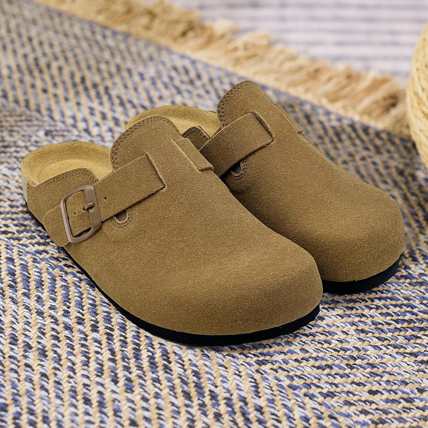 sharllen Women's Suede Clogs Leather Mules Arch Support Sandals Men's Potato Shoes Platform Boots Slippers for Women Comfort Cork Footbed Strap Adjustable Buckle