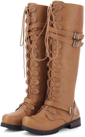 SHEMEE Women's Flat Combat Boot Buckle Riding Knee High Boots Lace Up Chunky Low Heels Gothic Motorcycle Boots with Inside Zipper