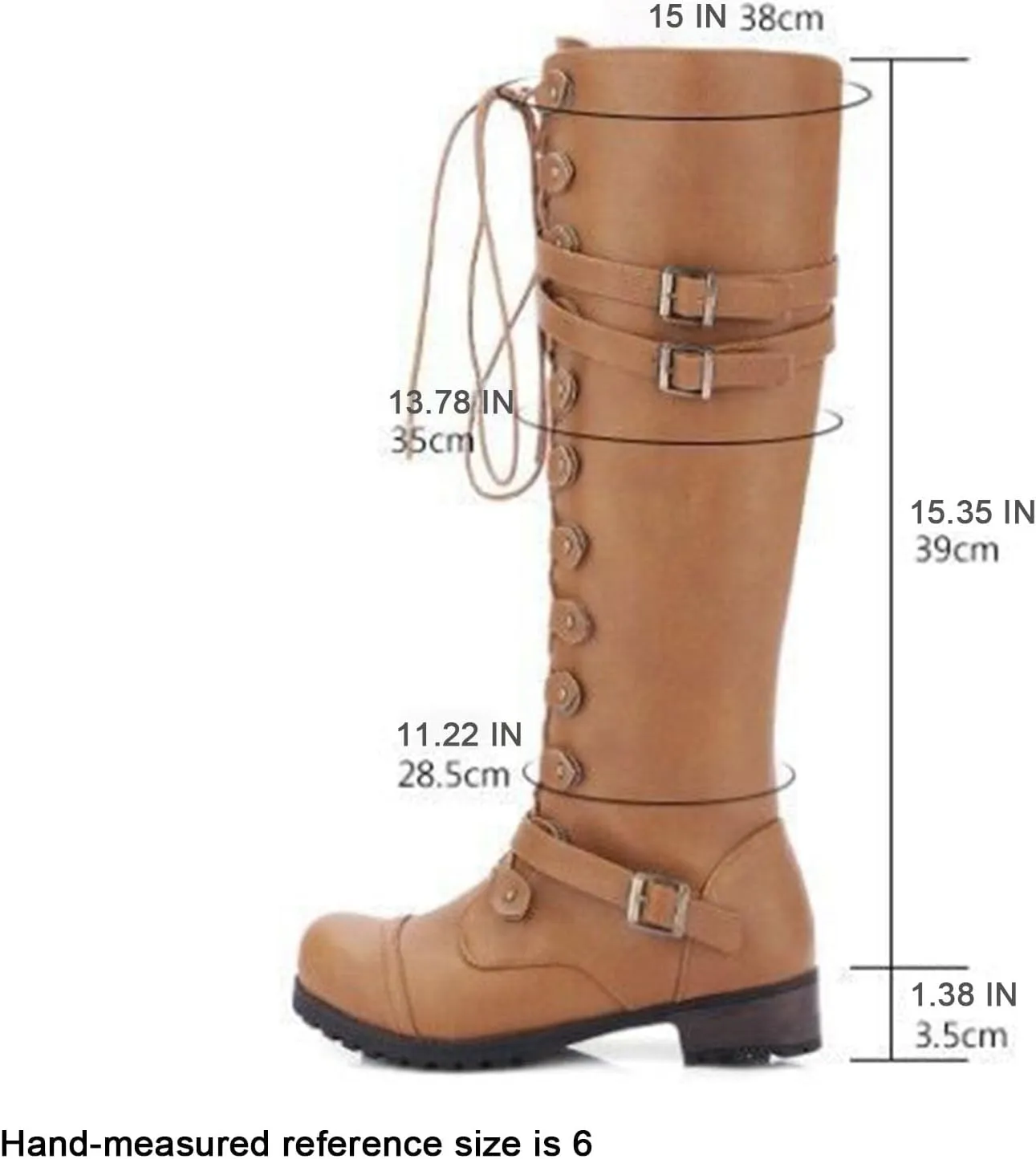 SHEMEE Women's Flat Combat Boot Buckle Riding Knee High Boots Lace Up Chunky Low Heels Gothic Motorcycle Boots with Inside Zipper