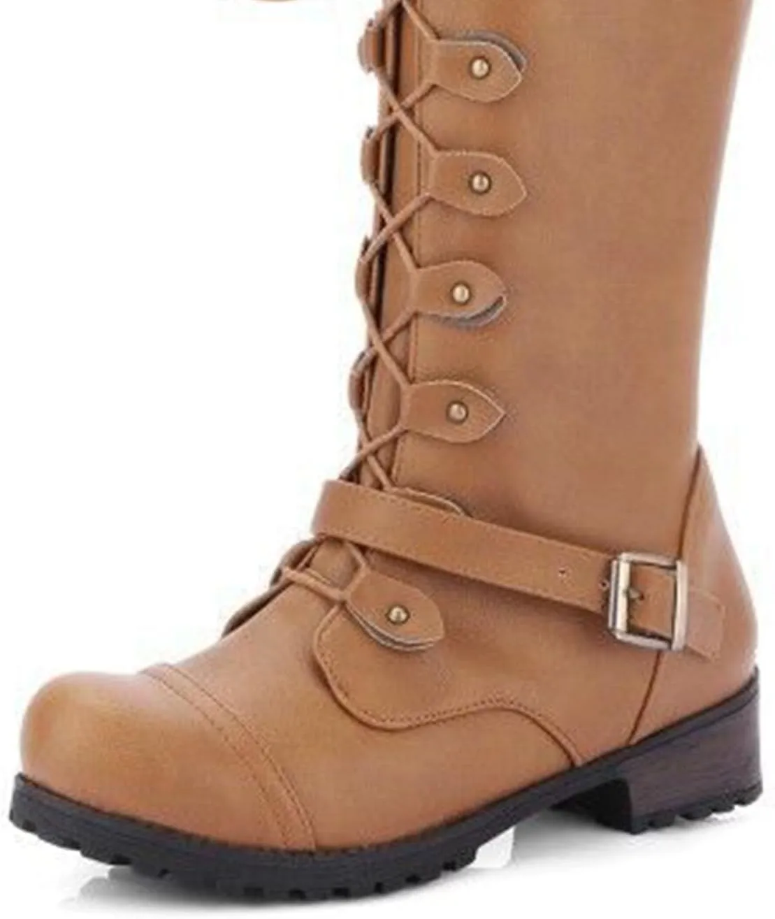SHEMEE Women's Flat Combat Boot Buckle Riding Knee High Boots Lace Up Chunky Low Heels Gothic Motorcycle Boots with Inside Zipper