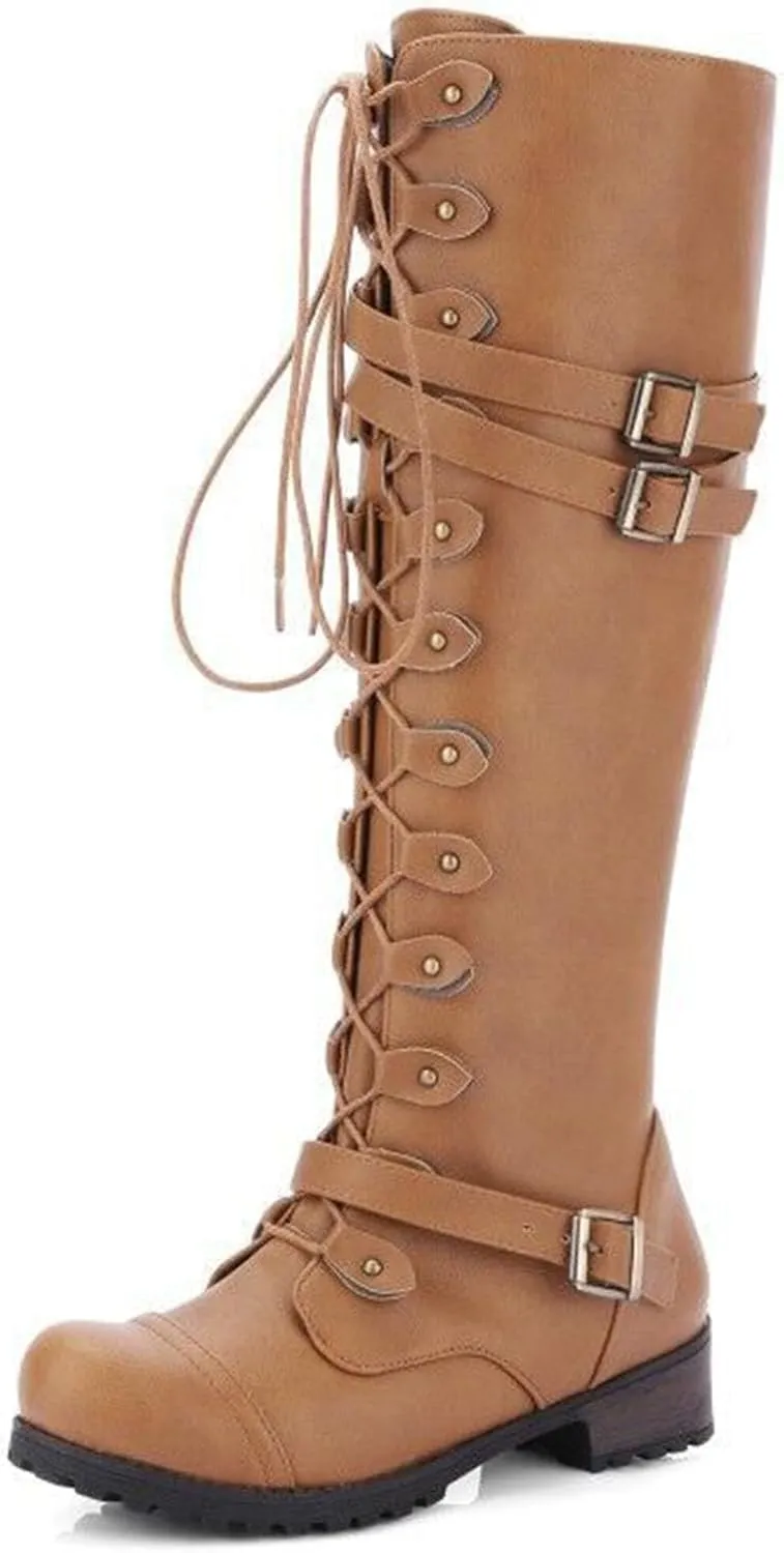 SHEMEE Women's Flat Combat Boot Buckle Riding Knee High Boots Lace Up Chunky Low Heels Gothic Motorcycle Boots with Inside Zipper