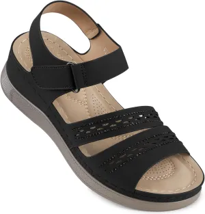 SHIBEVER Wedge Sandals for Women Dressy: Summer Walking Sandals Woman Comfortable - Casual Open Toe Rhinestone Low Wedge Shoes with Ankle Strap