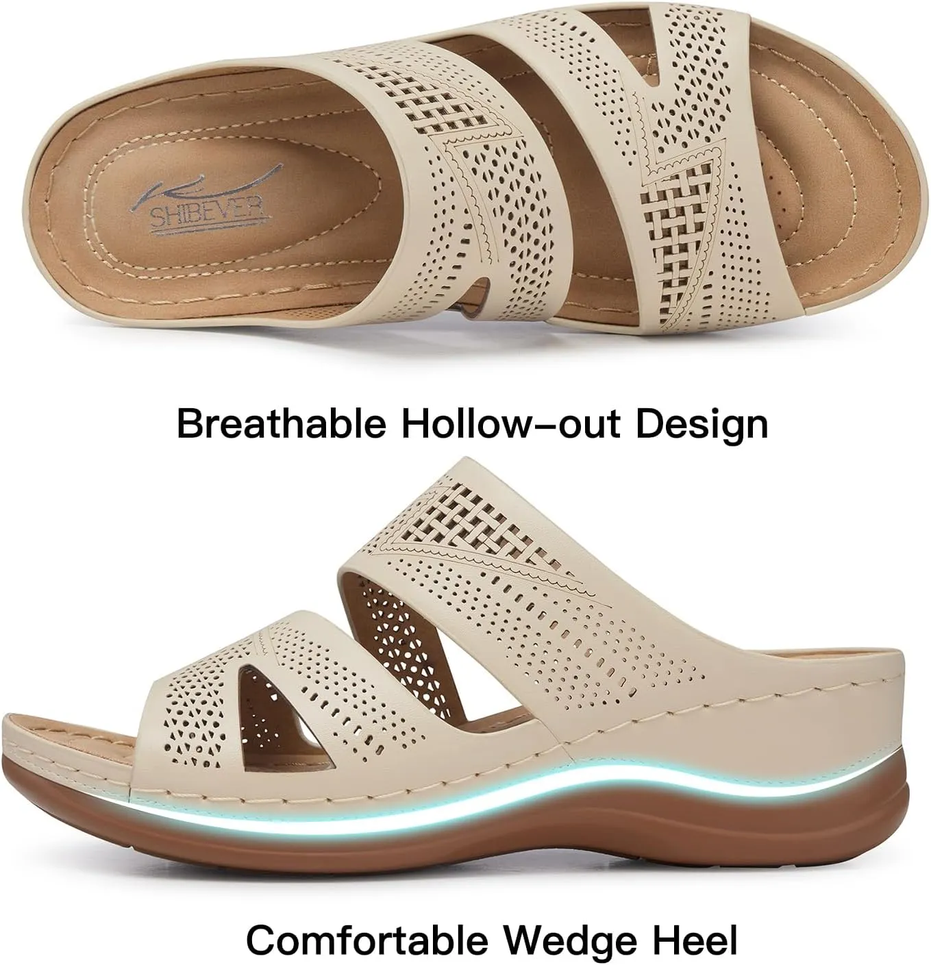 SHIBEVER Wedge Sandals for Women Dressy: Summer Walking Sandals Woman Comfortable - Slip On Casual Open Toe Hollow Out Low Wedge Shoes