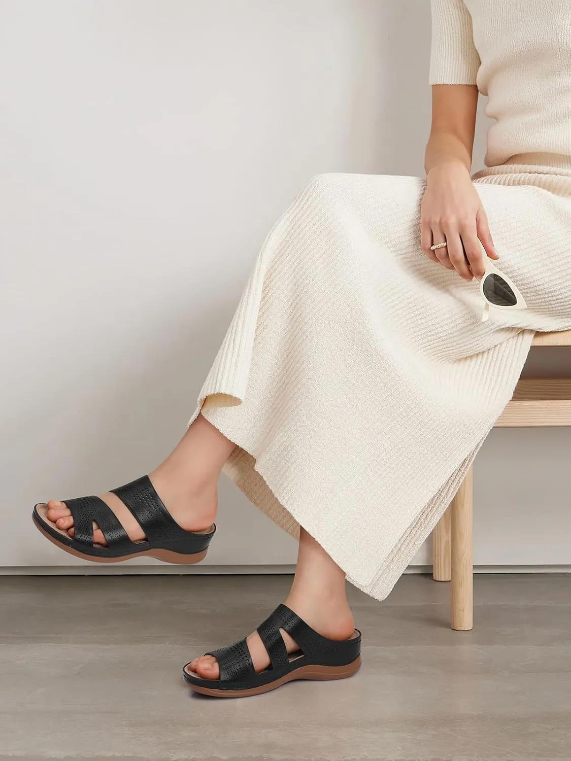 SHIBEVER Wedge Sandals for Women Dressy: Summer Walking Sandals Woman Comfortable - Slip On Casual Open Toe Hollow Out Low Wedge Shoes