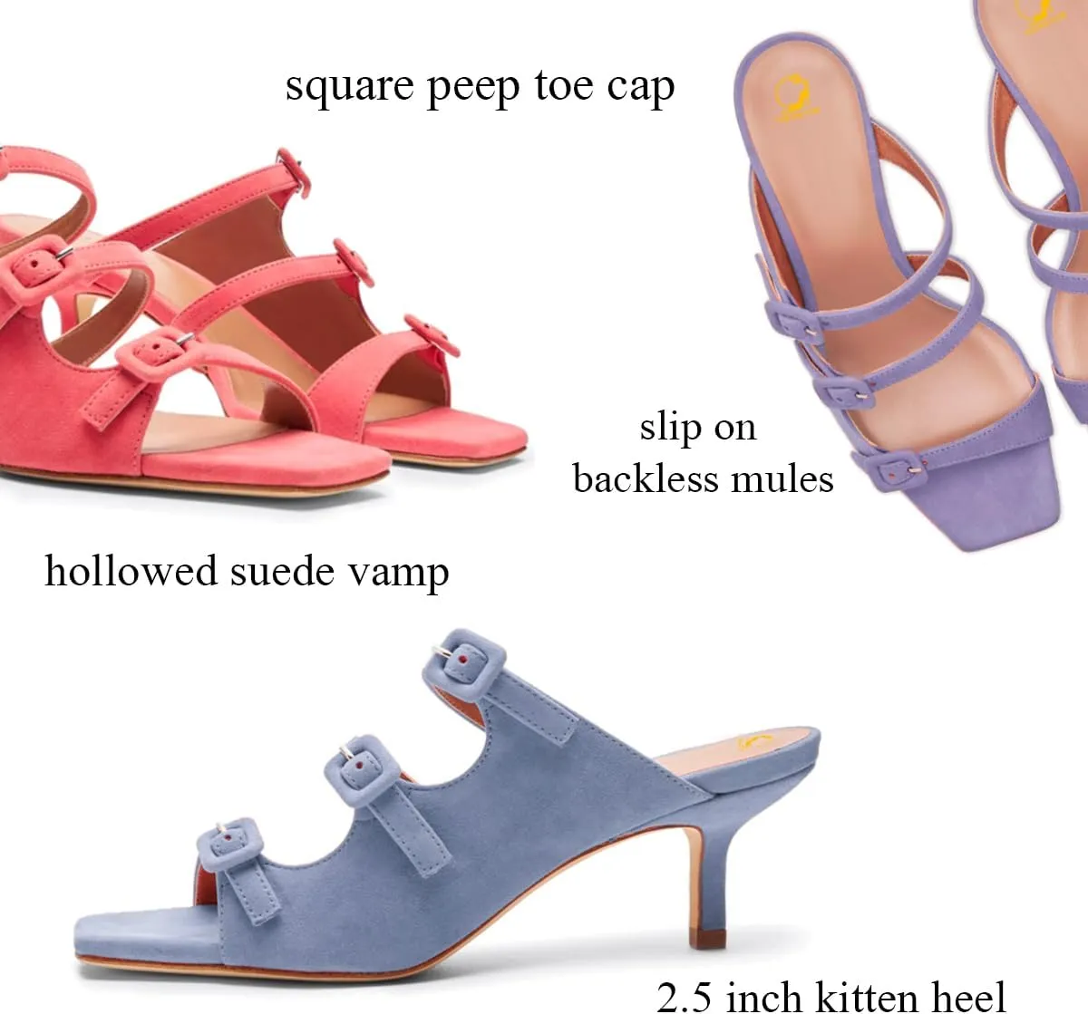 SHODENSE Women Kitten Heels Mules Square Open Toe Sandals Suede 2 Inch Mid Heels Slippers Buckle Strappy Patent Crocodile Mule Clogs Peep Toe Slip-Ons Comfortable Slides Shoes Dressy Fashion 4-11 M US