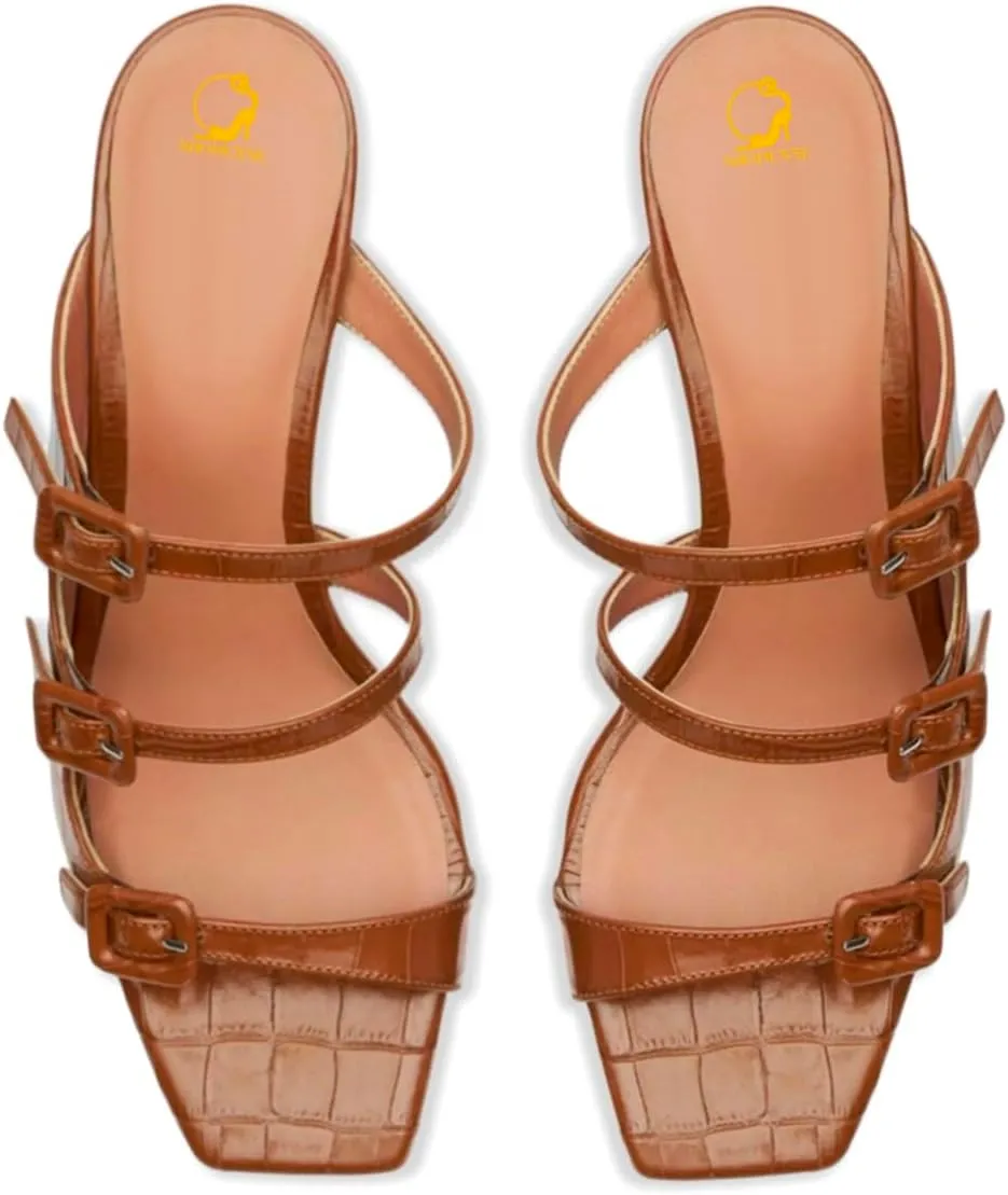 SHODENSE Women Kitten Heels Mules Square Open Toe Sandals Suede 2 Inch Mid Heels Slippers Buckle Strappy Patent Crocodile Mule Clogs Peep Toe Slip-Ons Comfortable Slides Shoes Dressy Fashion 4-11 M US