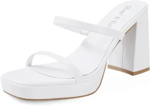 Shoe'N Tale Women's Strappy Pearl Heels Chunky Heels Block Platform Heeled Sandals Square Toe Slip On Comfortable Fashion Dress Shoes