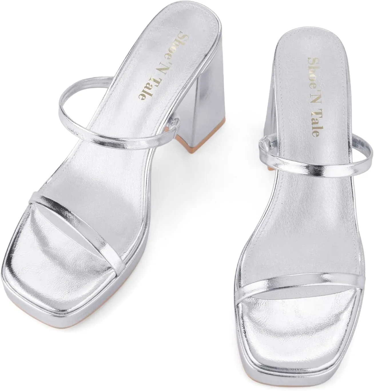 Shoe'N Tale Women's Strappy Pearl Heels Chunky Heels Block Platform Heeled Sandals Square Toe Slip On Comfortable Fashion Dress Shoes