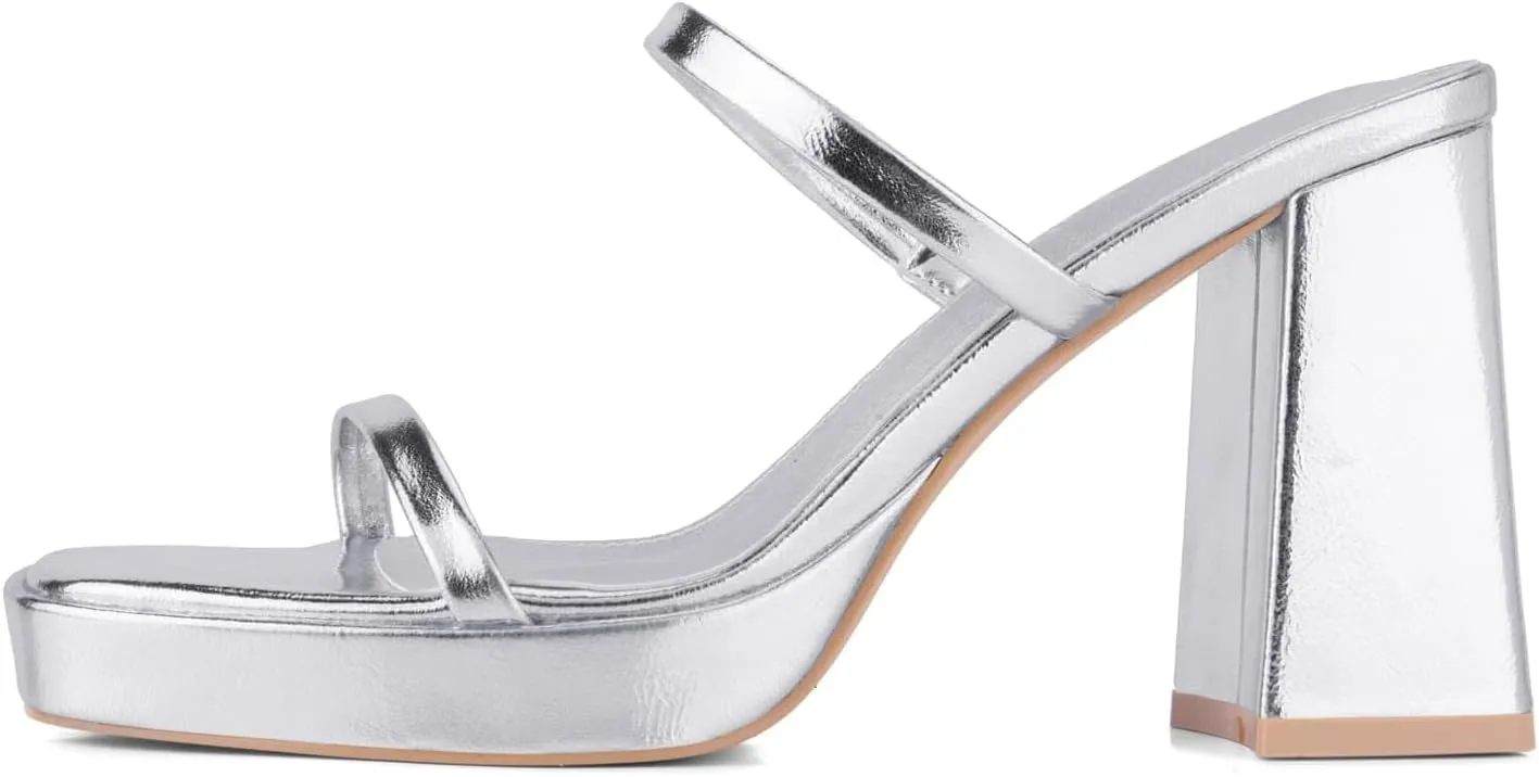 Shoe'N Tale Women's Strappy Pearl Heels Chunky Heels Block Platform Heeled Sandals Square Toe Slip On Comfortable Fashion Dress Shoes