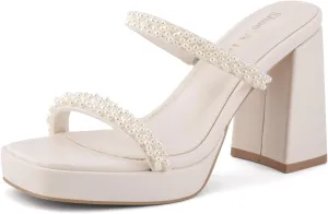 Shoe'N Tale Women's Strappy Pearl Heels Chunky Heels Block Platform Heeled Sandals Square Toe Slip On Comfortable Fashion Dress Shoes
